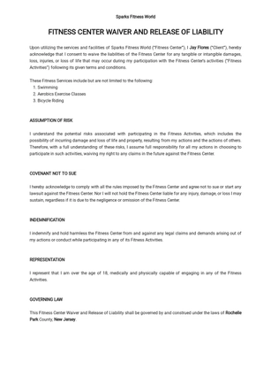 Fitness Center Waiver and Release of Liability Template