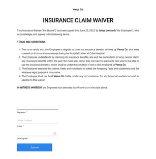 Insurance Claim Waiver Form Template