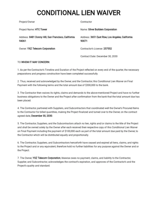 Conditional Lien Waiver Template