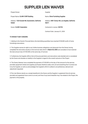 Supplier Lien Waiver Template