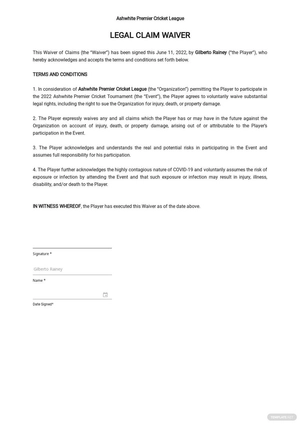 Legal Claim Waiver Template