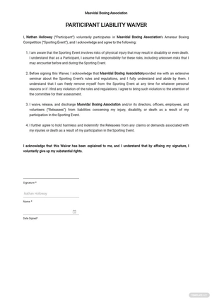 Participant Liability Waiver Form Template