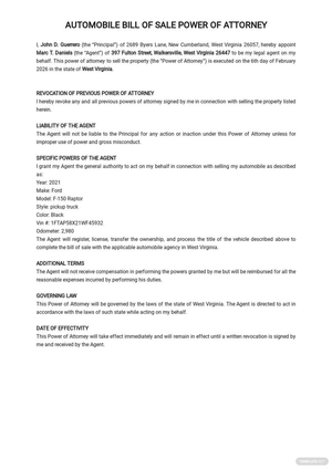 Automobile Bill of Sale Power of Attorney Template