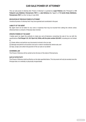 Car Sale Power of Attorney Template