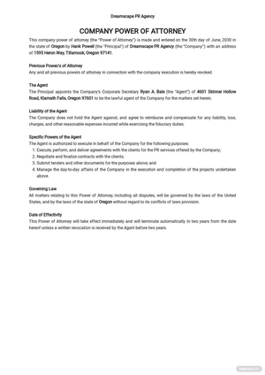 Company Execution Power of Attorney Template