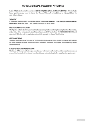 Vehicle Special Power of Attorney Template