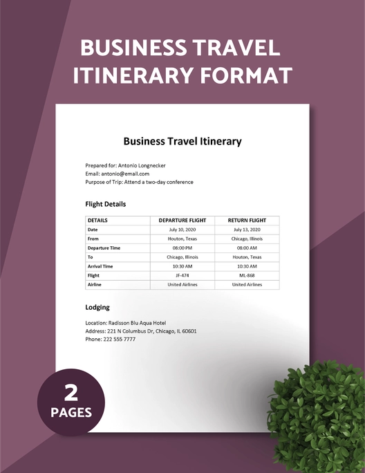 Business Travel Itinerary Format Template