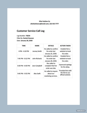 Customer Service Call Log Template