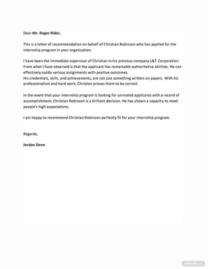 Letter of Recommendation for Internship Letter of Recommendation for Internship