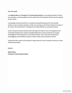 Preschool Teacher Recommendation Letter Template