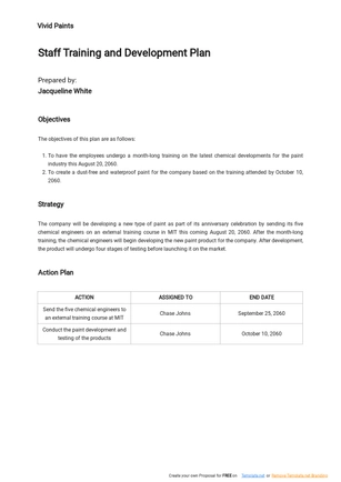 One Page Staff Training and Development Plan Template