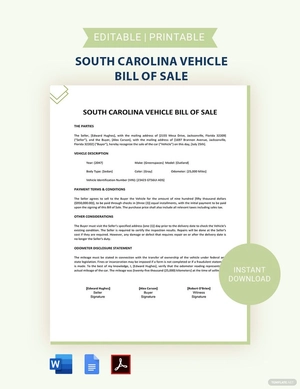 South Carolina Vehicle Bill of Sale Template