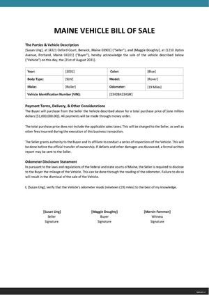 Maine Vehicle Bill Of Sale Template