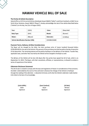 Hawaii Vehicle Bill Of Sale Template