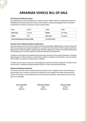 Arkansas Vehicle Bill Of Sale Template