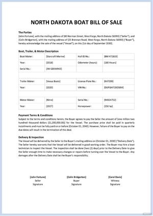 North Dakota Boat Bill of Sale Template