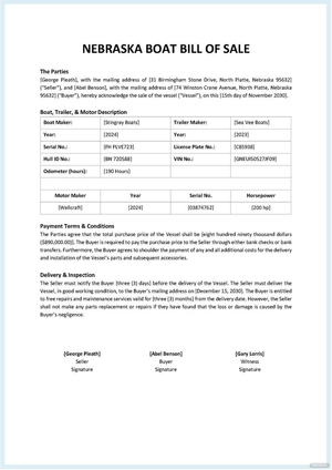 Nebraska Boat Bill of Sale Template