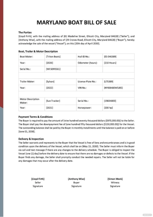 Maryland Boat Bill of Sale Template