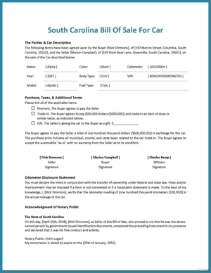 South Carolina Bill of Sale for Car Template