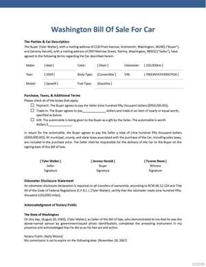 Washington Bill of Sale for Car Template