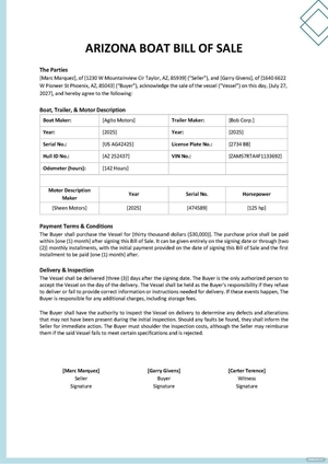 Arizona Boat Bill of Sale Form Template