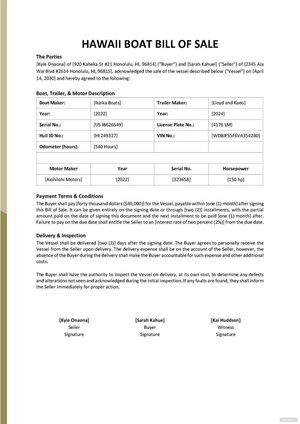 Hawaii Boat Bill of Sale Template