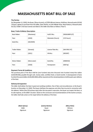 Massachusetts Boat Bill of Sale Form Template