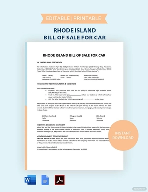 Rhode Island Bill of Sale for Car FormTemplate Rhode Island Bill of Sale for Car FormTemplate