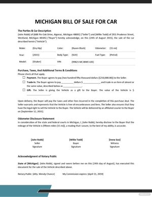 Michigan Bill of Sale For Car Template