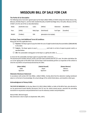 Missouri Bill of Sale For Car Template