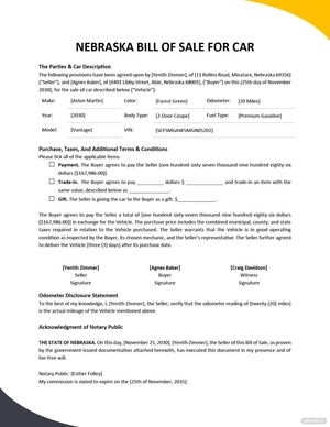 Nebraska Bill of Sale For Car Template