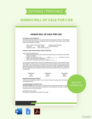 Hawaii Bill of Sale For Car Template