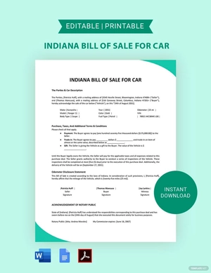 Indiana Bill of Sale For Car Template