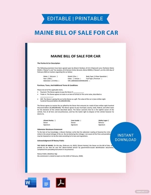 Maine Bill of Sale For Car Template