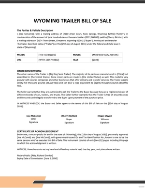 Wyoming Trailer Bill of Sale Template