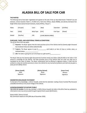 Alaska Bill of Sale for Car Template
