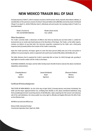 New Mexico Trailer Bill Of Sale Template