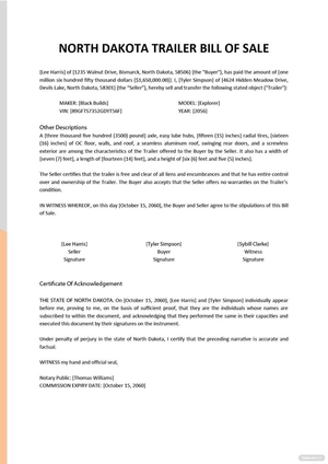 North Dakota Trailer Bill Of Sale Form Template