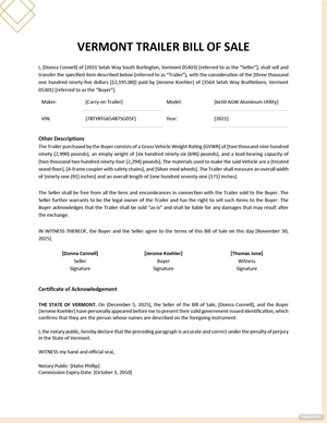 Vermont Trailer Bill of Sale Template