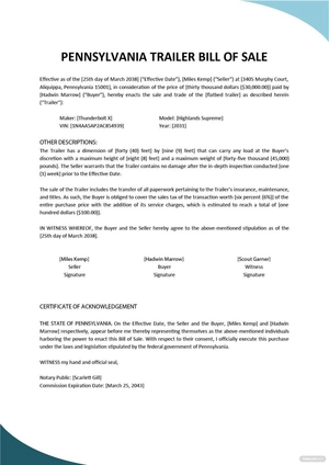 Pennsylvania Trailer Bill Of Sale Template
