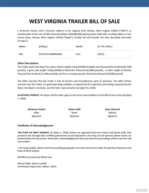 West Virginia Trailer Bill of Sale Template