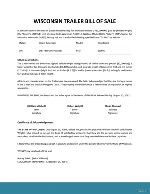 Wisconsin Trailer Bill of Sale Template