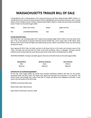 Massachusetts Trailer Bill of Sale Template