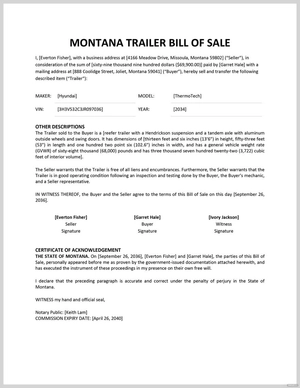 Montana Trailer Bill of Sale Template