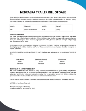 Nebraska Trailer Bill of Sale Template