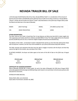 Nevada Trailer Bill of Sale Template