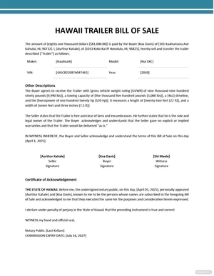 Hawaii Trailer Bill of Sale Template
