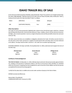 Idaho Trailer Bill of Sale Template