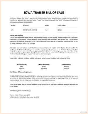Iowa Trailer Bill of Sale Template
