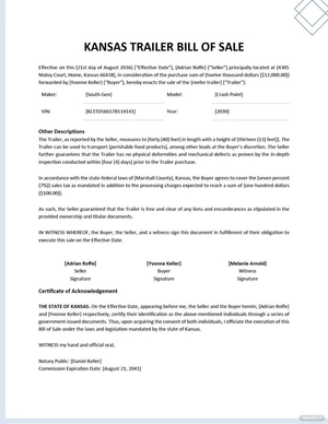 Kansas Trailer Bill of Sale Template
